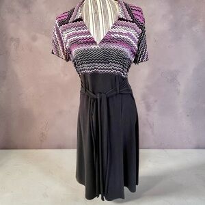 Suzie in the city dress, size M, attached sash, crossover top, poly/spandex